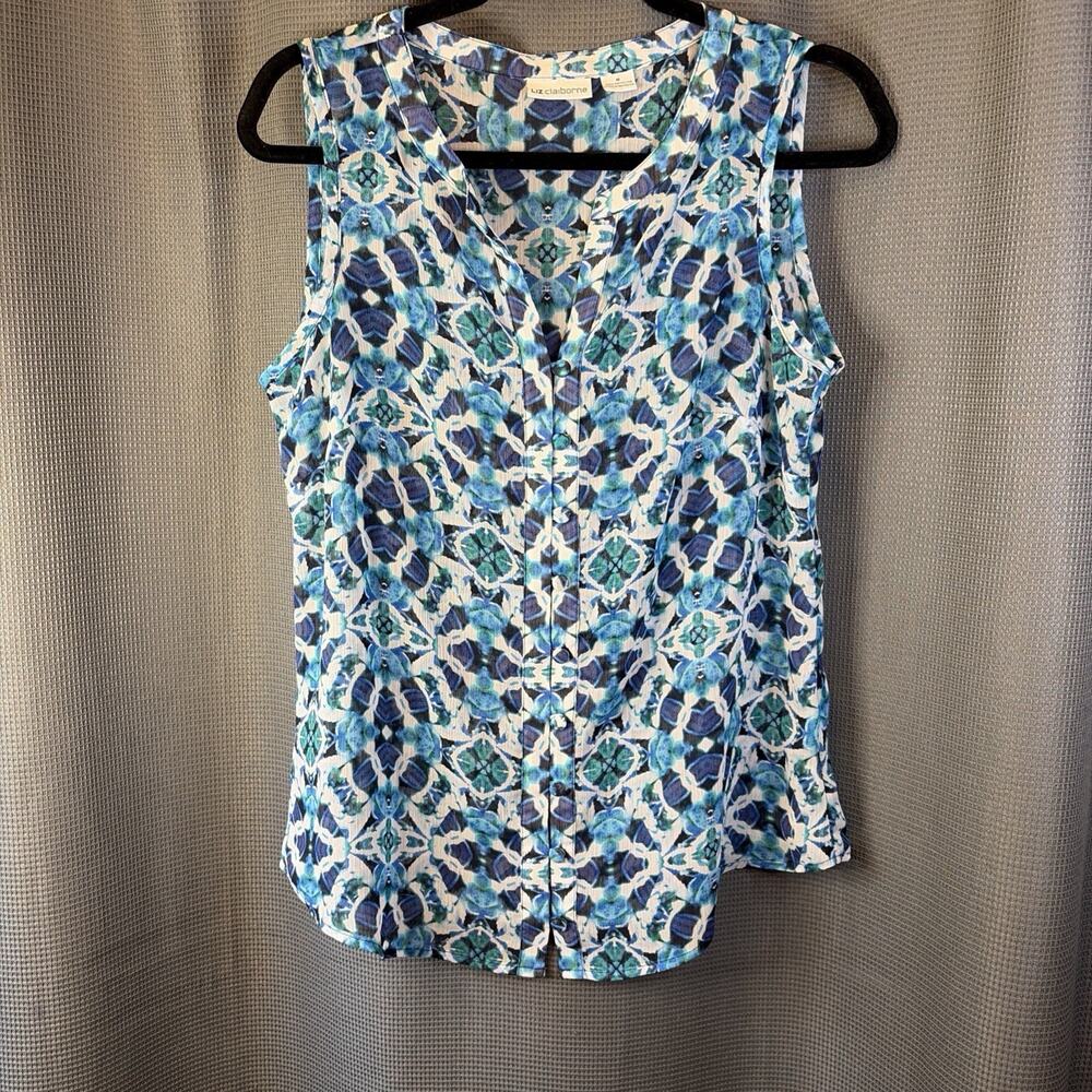 Liz Claiborne Women’s Blouse M Blue Green Floral Geometric Sleeveless Button Up